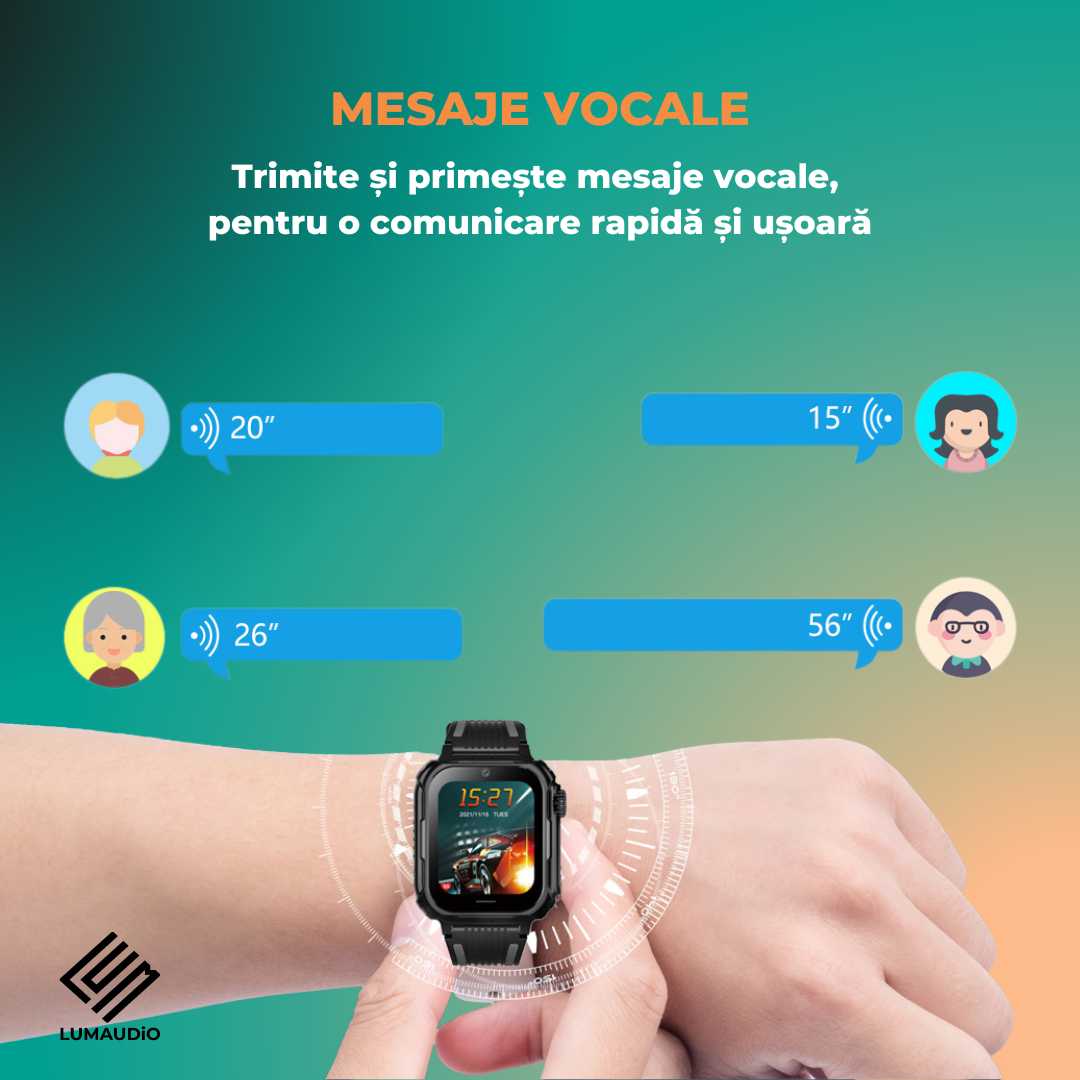 Smartwatch Copii LUMAUDiO® Ping cu 4G și GPS, Husă de Silicon Inclusă, mesaje vocale