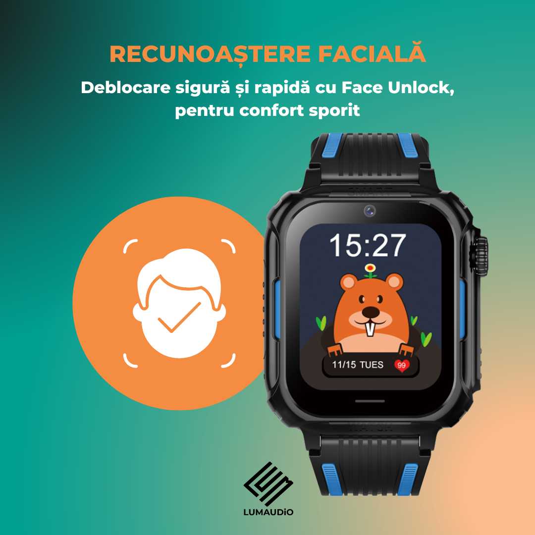 Smartwatch Copii LUMAUDiO® Ping cu 4G și GPS, Husă de Silicon Inclusă, recunoastere faciala