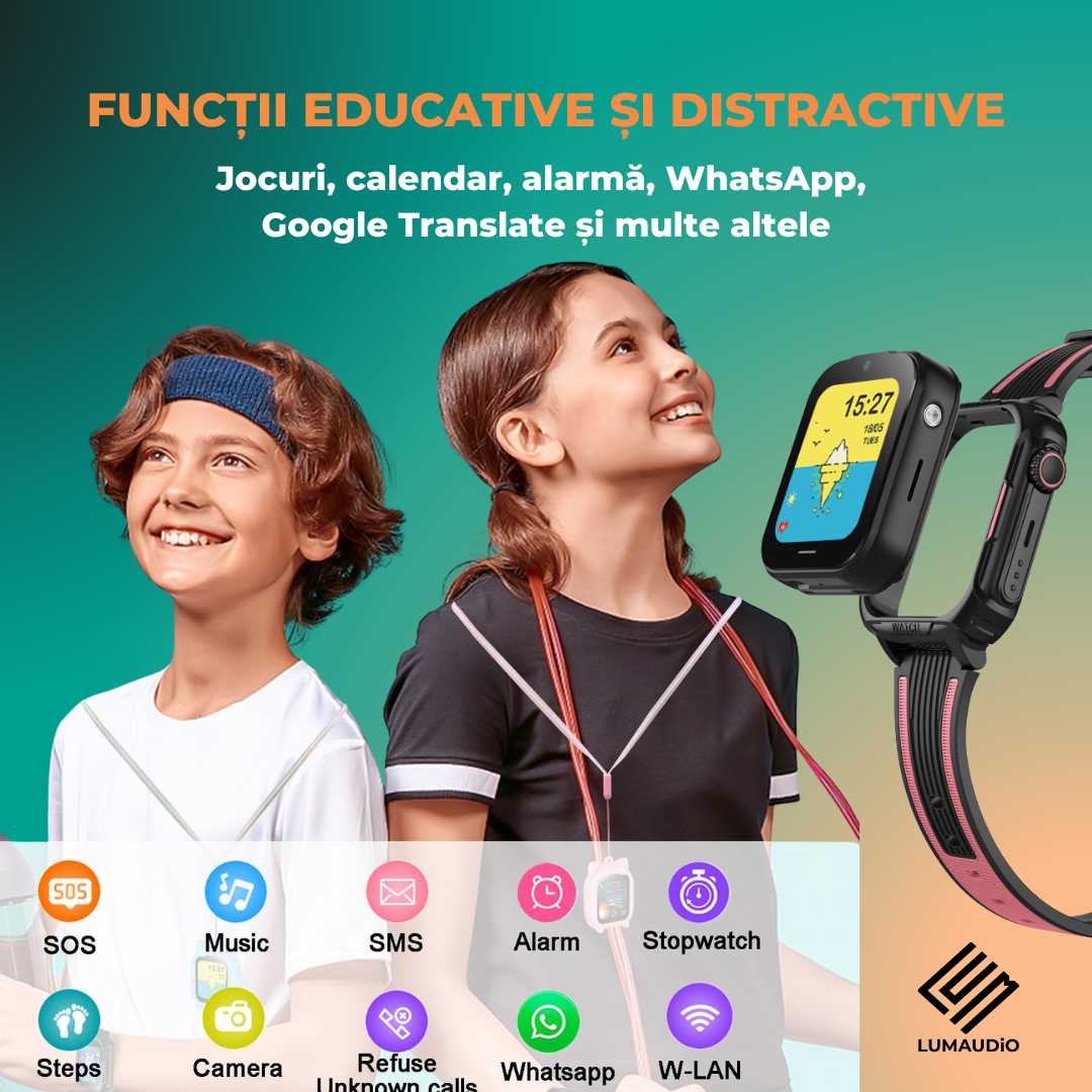 Smartwatch Copii LUMAUDiO® Ping cu 4G și GPS, Husă de Silicon Inclusă, functii educative